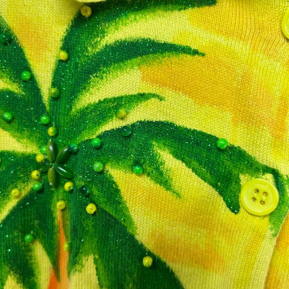 Michael Simon VTG Womens yellow green Sequin Beach Island Huts Cardigan medium - Picture 7 of 16
